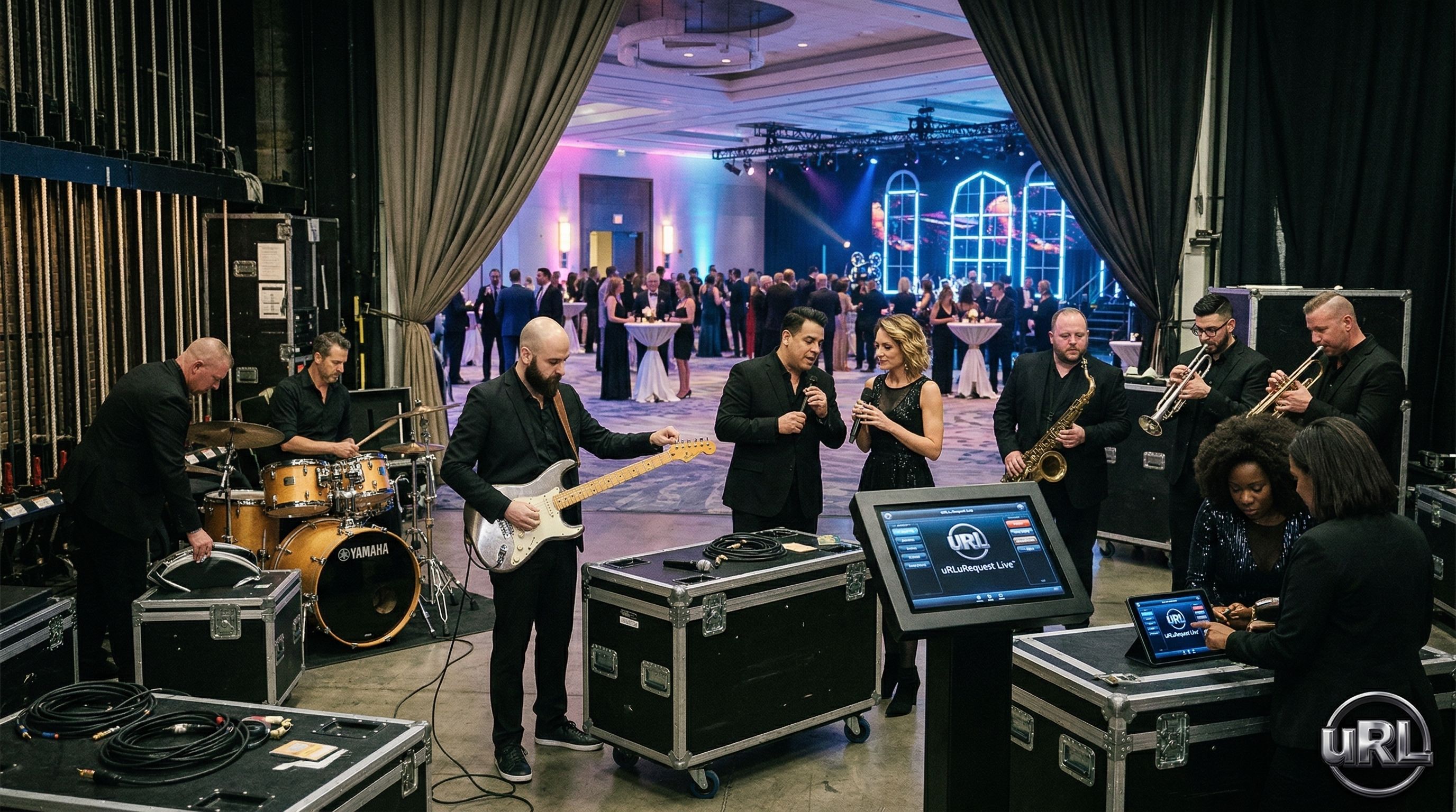 Behind the scenes of a great corporate event band getting ready for their set