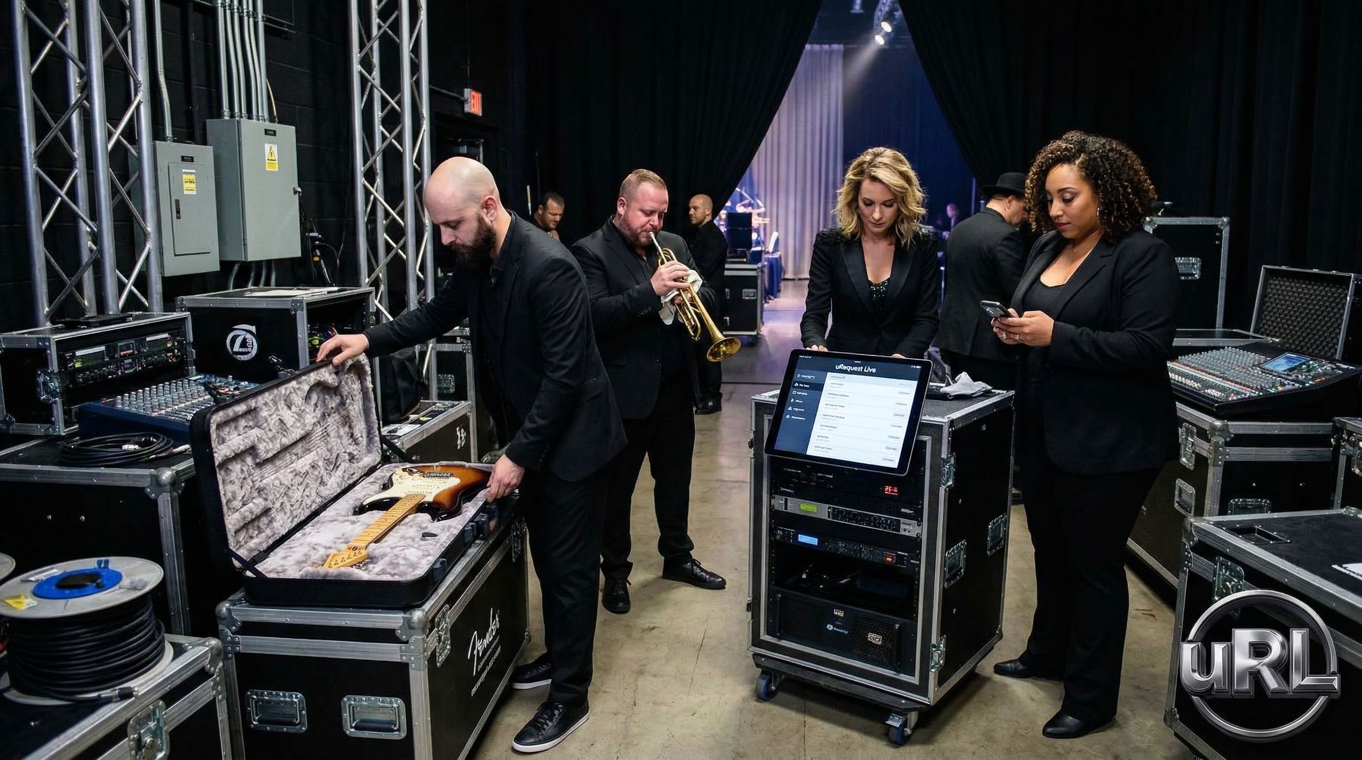 Professional corporate event band backstage preparing with premium instruments and sharp suits